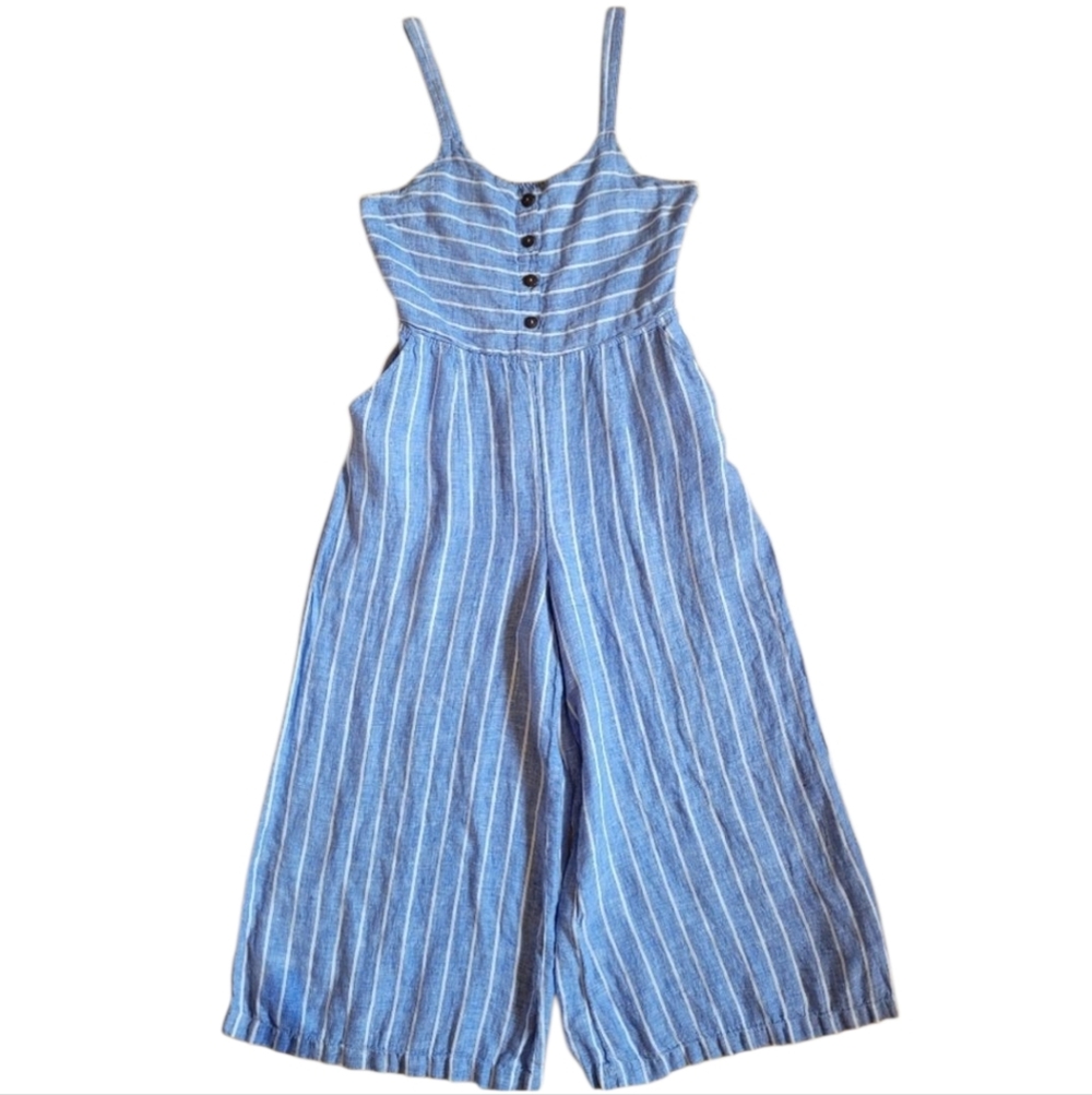 100% Linen Wide Leg C&C California Striped Summer Jumpsuit Blue White